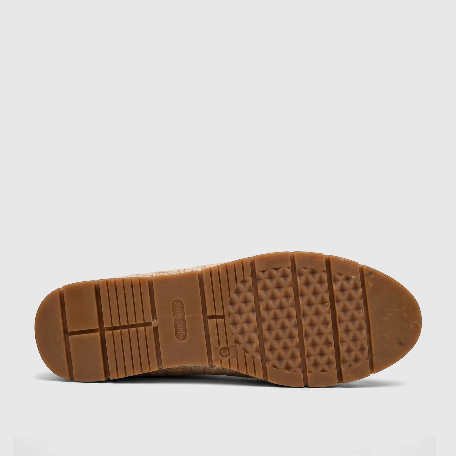 Bottom view of a PC ladies Casual Espadrille Loafer, featuring a brown rubber sole with textured tread and a woven jute