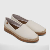 A pair of white PC ladies casual espadrille loafers featuring a textured upper, natural jute trim, and brown rubber soles.