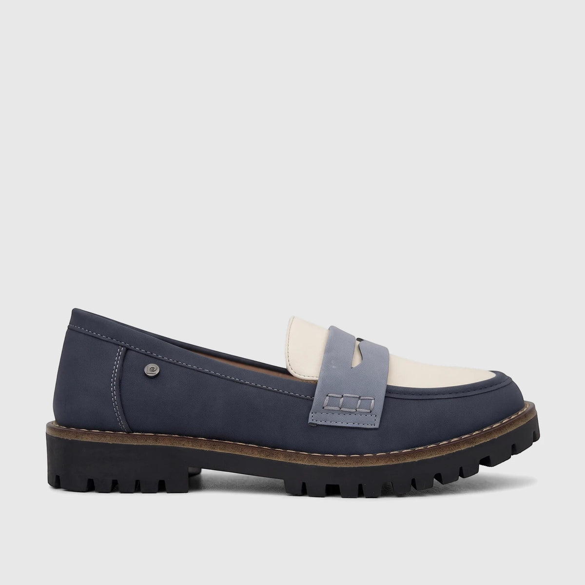Side view of a women's PC casual loafer PCL10997 in blue and cream with a chunky black lug sole and subtle branding detail.
