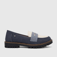 Side view of a women's PC casual loafer PCL10997 in blue and cream with a chunky black lug sole and subtle branding detail.