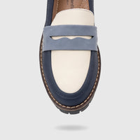 Close-up front view of a PC Ladies Casual Loafer in blue multi-color, showcasing navy, light blue, and off-white panels with
