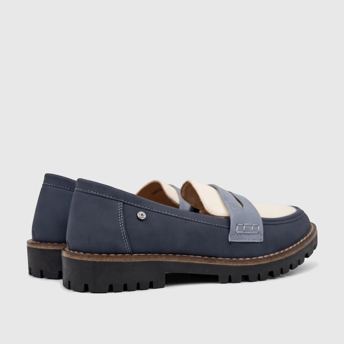 PC Ladies Casual Loafer PCL10997 in blue multi-color, shown from the side with a lugged sole and decorative stitching.