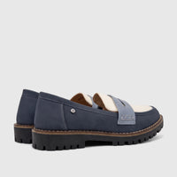 PC Ladies Casual Loafer PCL10997 in blue multi-color, shown from the side with a lugged sole and decorative stitching.