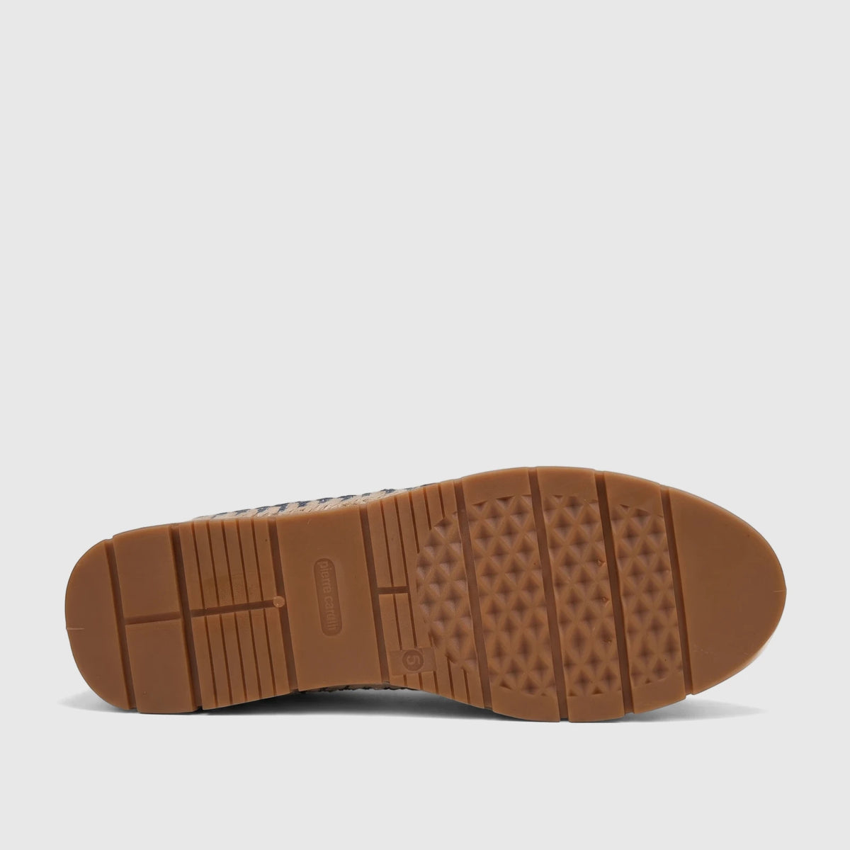 Bottom view of a Pierre Cardin Ladies Casual Loafer in denim, highlighting the brown rubber sole with traction and woven
