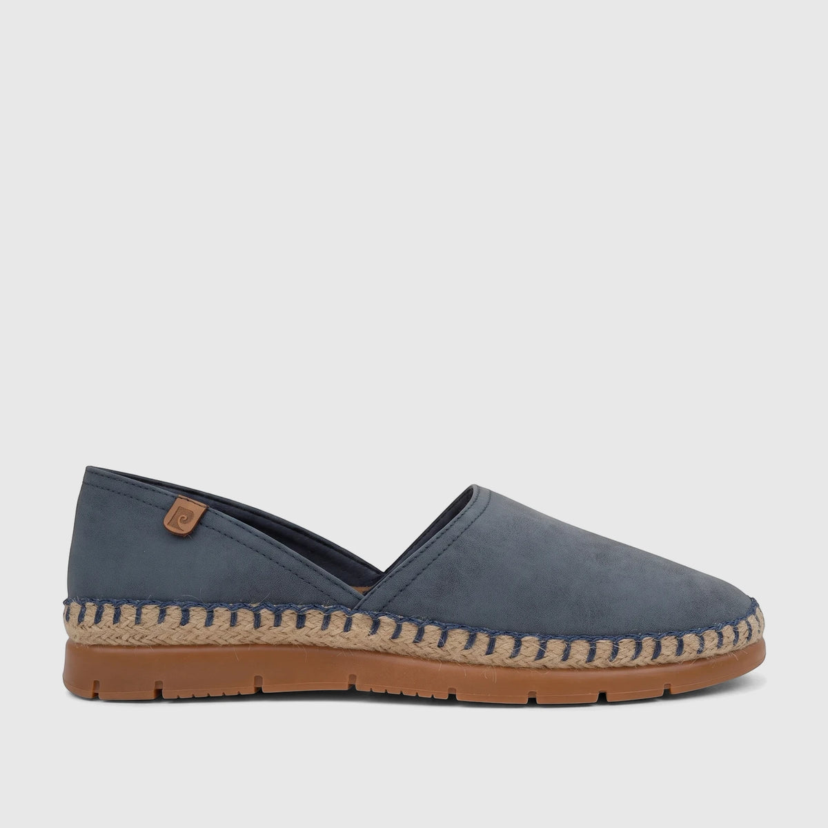 Denim blue PC Ladies Casual Loafer with espadrille sole, featuring a logo tag and rubber sole, shown in a side profile view.
