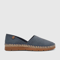Denim blue PC Ladies Casual Loafer with espadrille sole, featuring a logo tag and rubber sole, shown in a side profile view.