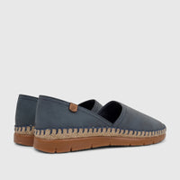 Pair of PC Ladies Casual Loafer PCL10988 in denim blue, with espadrille jute soles, seen from a rear quarter angle.
