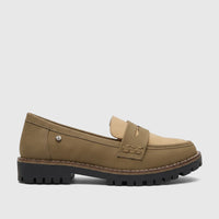 Olive beige casual loafer for ladies with a chunky black lug sole, featuring a lighter beige vamp insert, shown in a side