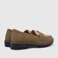 PC Ladies Casual Loafer in olive beige with a chunky lug sole, presented from a side view.