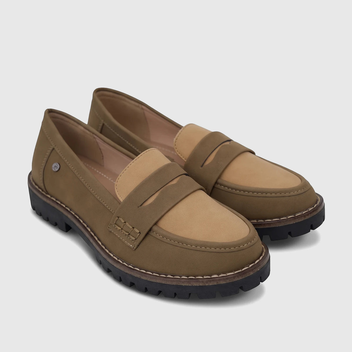 Two PC ladies casual loafers in olive and beige, featuring a prominent lug sole, displayed at a slight angle.