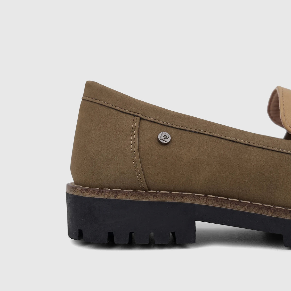 PC Ladies Casual Loafer in olive beige with a rugged black lug sole, viewed from the side-rear.