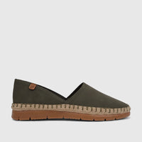 Olive green PC Ladies Casual Loafer with espadrille sole and side logo tag, visible from a side angle.