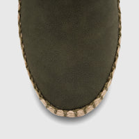 Close-up view of an olive green women's casual loafer, featuring a textured upper and a distinct jute-wrapped espadrille