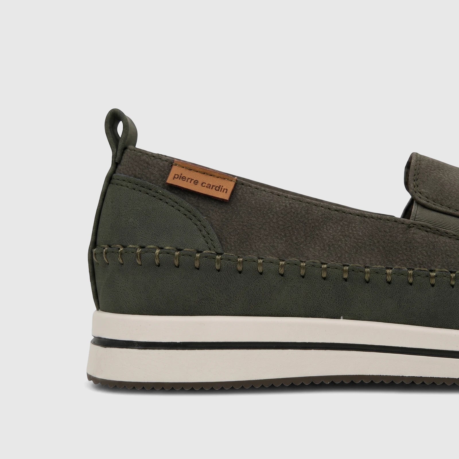 Khaki green Pierre Cardin ladies' casual loafer, side view, featuring intricate stitching details and a layered sole.