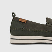 Khaki green Pierre Cardin ladies' casual loafer, side view, featuring intricate stitching details and a layered sole.