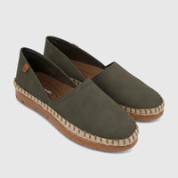 Pair of olive green PC Ladies Casual Loafer PCL10988 shoes with espadrille-style braided jute trim on a white background.
