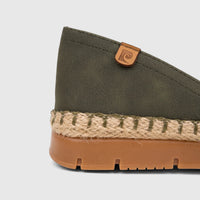 Close-up of an olive green PC Ladies Casual Loafer with a textured upper, jute-wrapped sole, and tan rubber bottom, shown