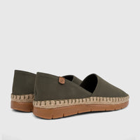 A pair of olive green PC Ladies Casual Loafer PCL10988 espadrille-style shoes with braided jute soles, viewed from a