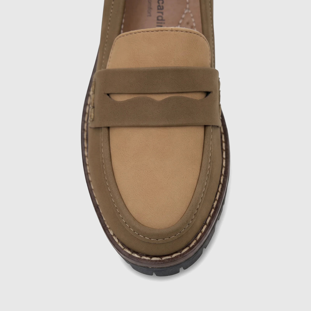 Olive beige PC Ladies Casual Loafer PCL10997 with classic penny loafer design and visible stitching, shown in a close-up.