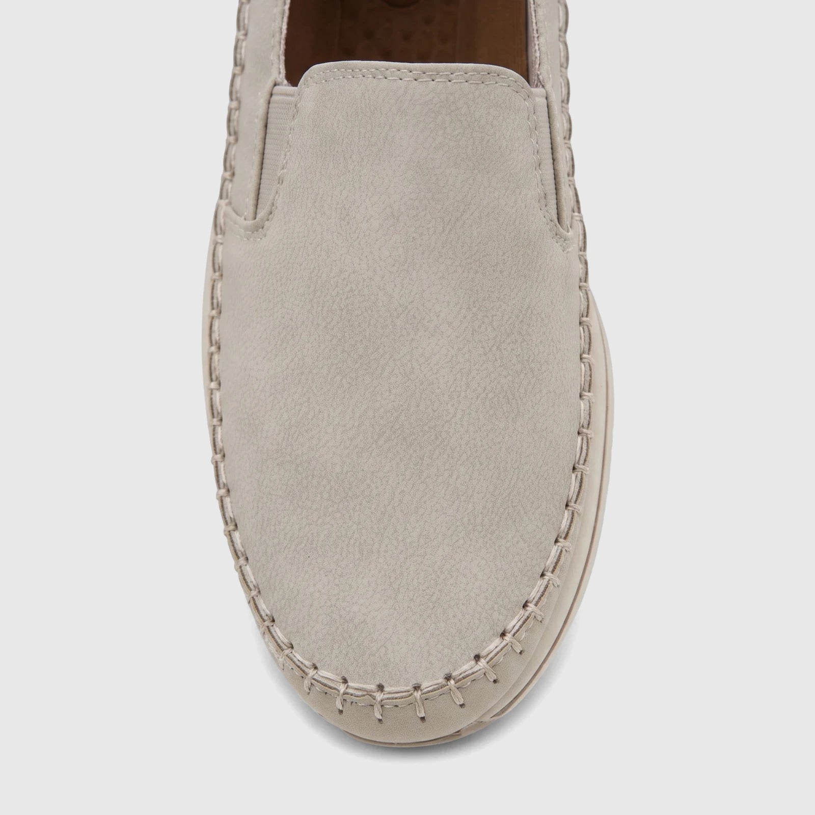 Stone PC Ladies Casual Loafer, close-up top-down view. Textured upper with prominent stitching around the toe and vamp.