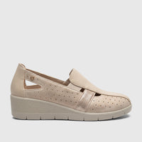A single beige PC Ladies Casual Pump (PCL10995 PC404) with perforated details and a textured wedge sole, shown in a side