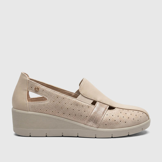 A single beige PC Ladies Casual Pump (PCL10995 PC404) with perforated details and a textured wedge sole, shown in a side
