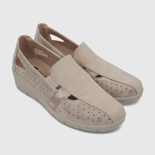 A single beige PC Ladies Casual Pump (PCL10995 PC404) with perforated details and a textured wedge sole, shown in a side