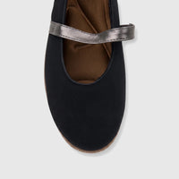 Front view of a black PC Ladies Casual Pump shoe featuring a metallic silver-grey strap across the instep, on a white