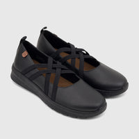 Pair of black PC Ladies Casual Pump shoes with criss-cross elastic straps, featuring a flat sole and matte finish.