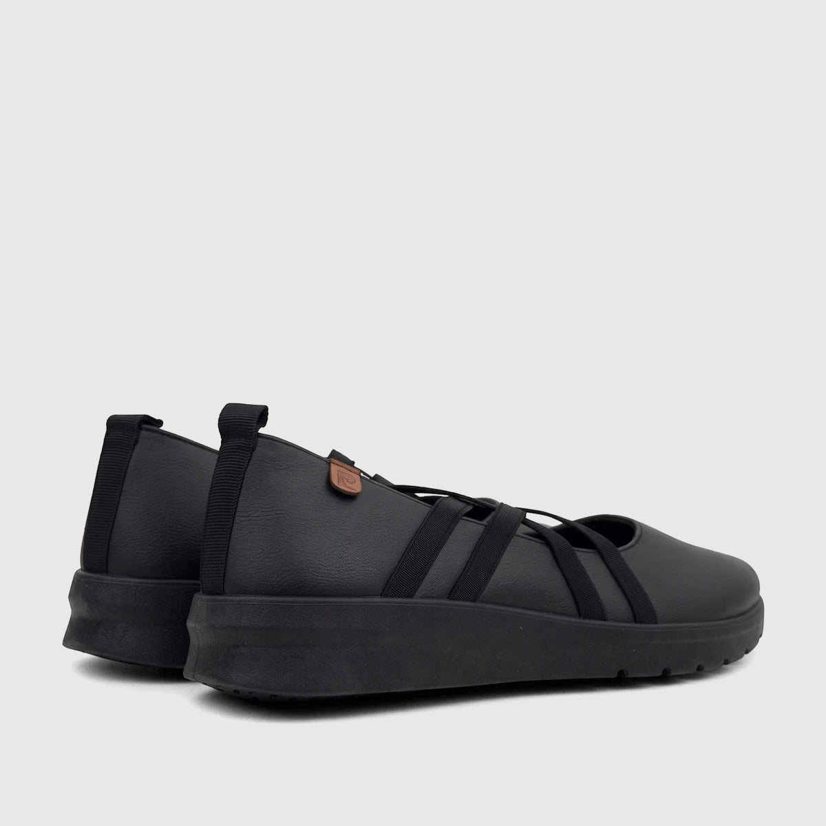 Black PC Ladies Casual Pump PCL10888 shoes, textured upper, crossing elastic straps, platform sole, side-rear view.
