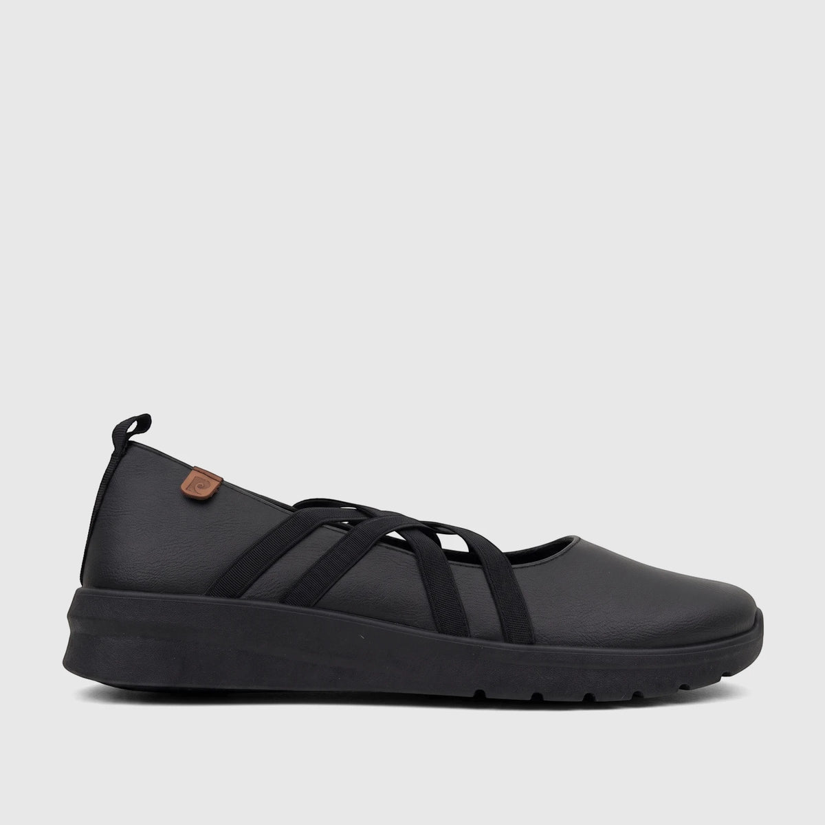 Black PC Ladies Casual Pump shoe PCL10888 with criss-cross elastic straps and a comfortable wedge sole, side view.