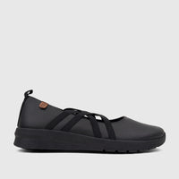 Black PC Ladies Casual Pump shoe PCL10888 with criss-cross elastic straps and a comfortable wedge sole, side view.