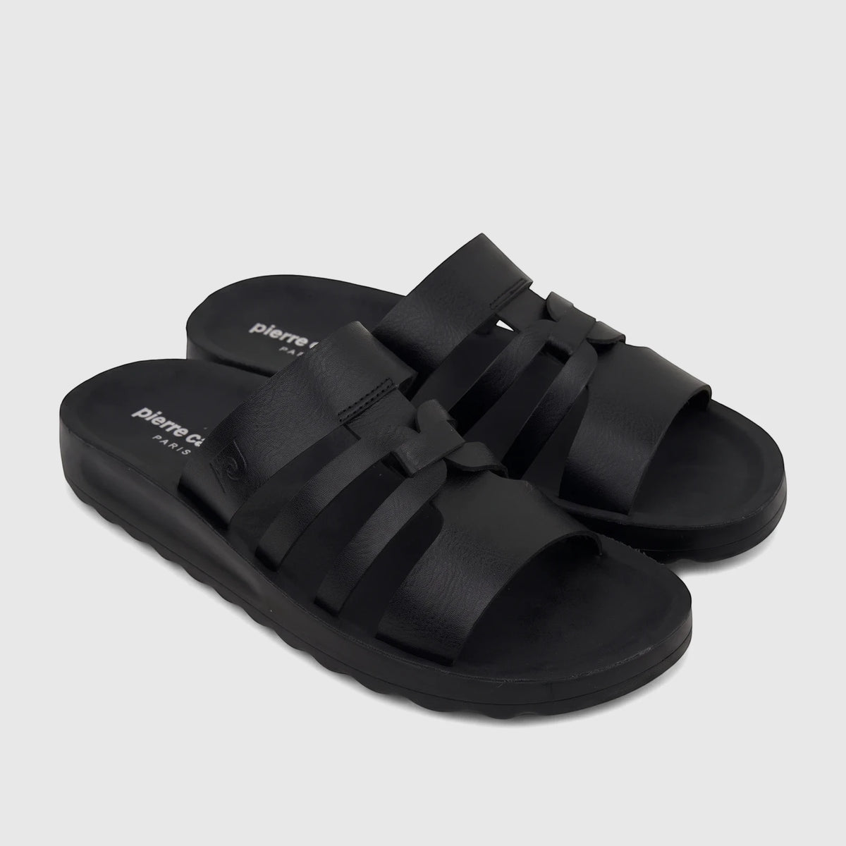 Two black Pierre Cardin ladies casual sandals with leather straps, displayed from an angled top-down view.