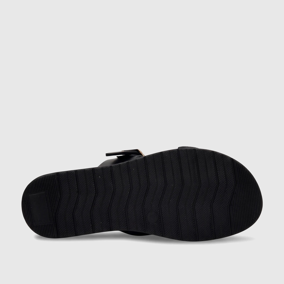 Black PC Ladies Casual Sandal PCL10971, viewed from the bottom, showcasing its textured, ridged sole for enhanced grip.