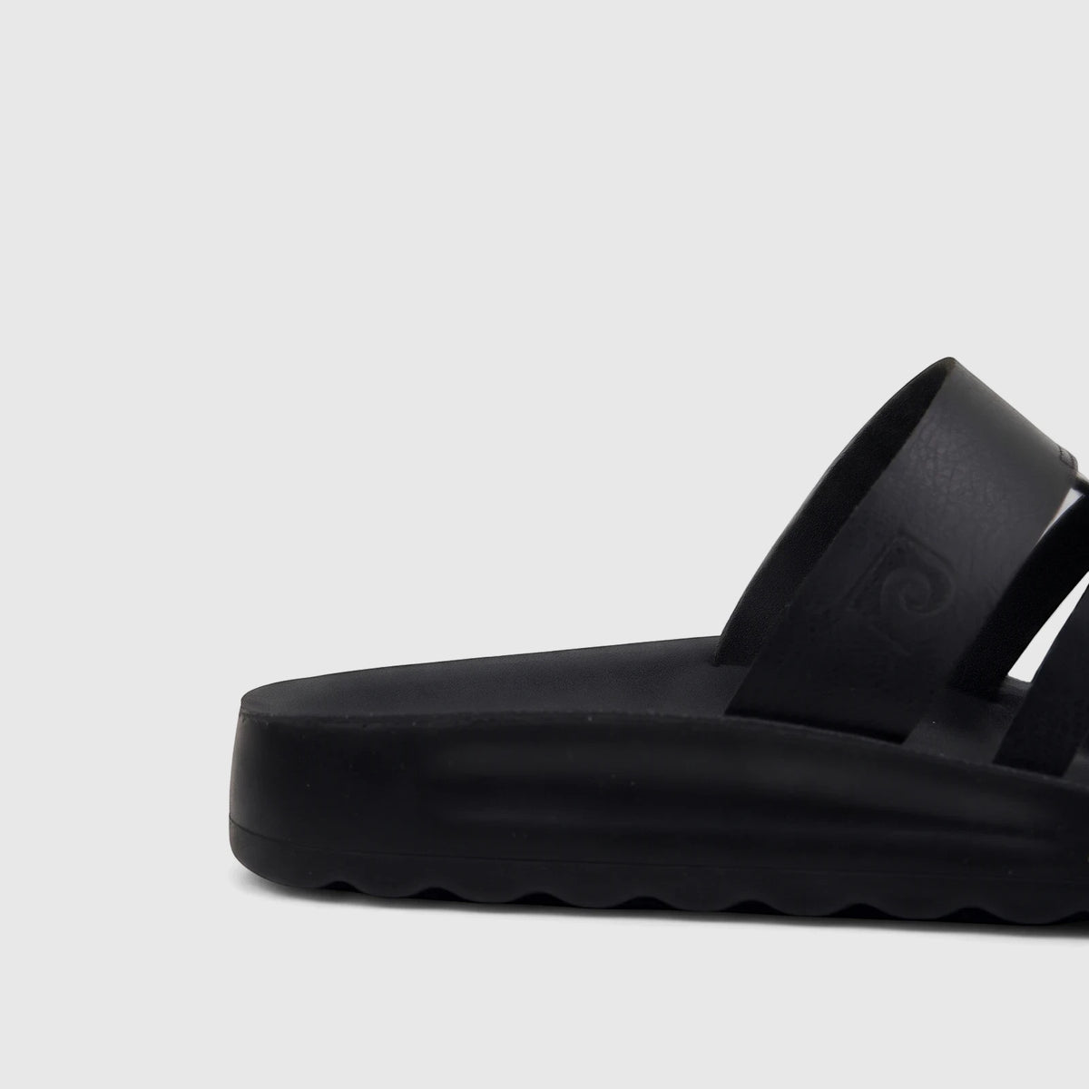 Black PC Ladies Casual Sandal PCL11018 with textured two-strap upper and wavy sole detail, viewed from the side.