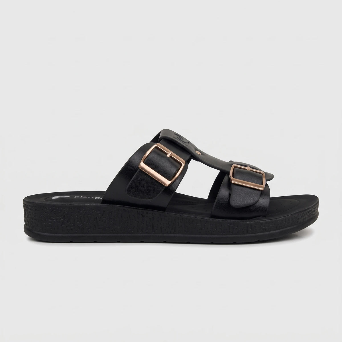 PC Ladies Casual Sandal PCL10971 in black with two straps and rose gold buckles.