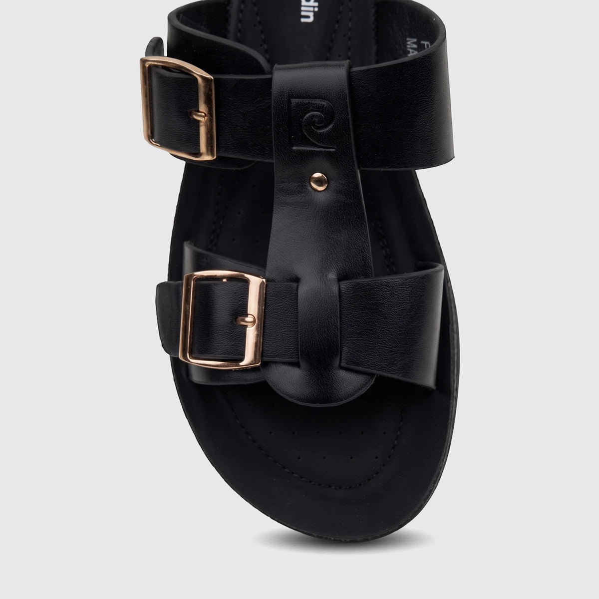 Close-up of a black ladies' casual sandal featuring two gold buckles and a comfort sole, product number PCL10971.