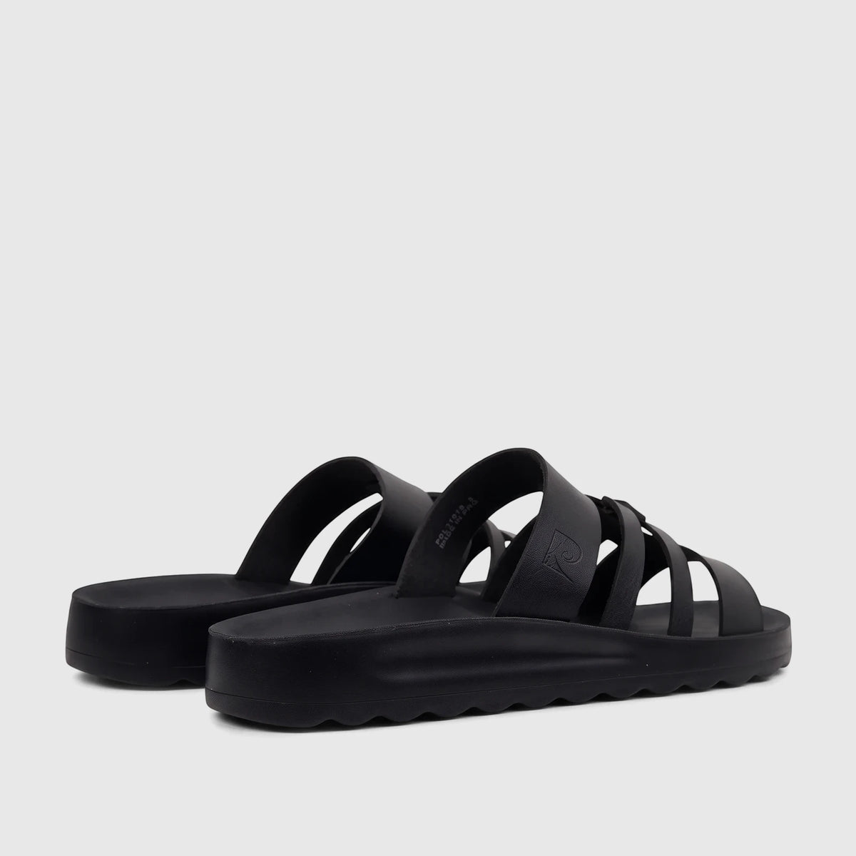 Black PC Ladies Casual Sandals PCL11018 with multi-strap design and platform sole, shown from a rear and side view.