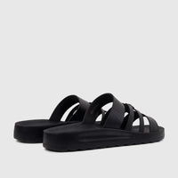 Black PC Ladies Casual Sandals PCL11018 with multi-strap design and platform sole, shown from a rear and side view.