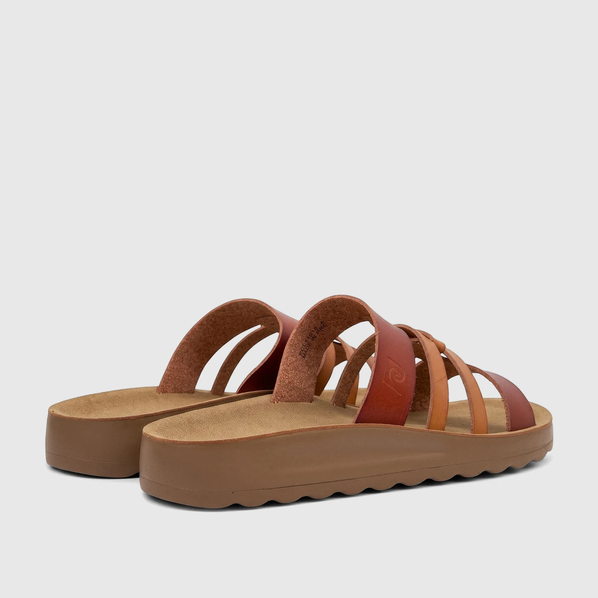 PC Ladies Casual Sandal PCL11018 with tan multi-tone leather straps and a platform sole, viewed from the back-right.