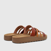 PC Ladies Casual Sandal PCL11018 with tan multi-tone leather straps and a platform sole, viewed from the back-right.