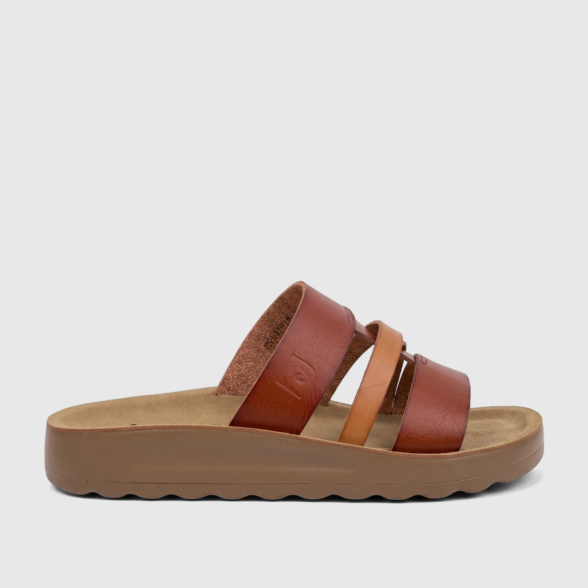 Close-up of a PC Ladies Casual Sandal PCL11018 in tan multi, featuring brown leather straps, a textured footbed, and a