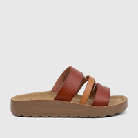 Close-up of a PC Ladies Casual Sandal PCL11018 in tan multi, featuring brown leather straps, a textured footbed, and a