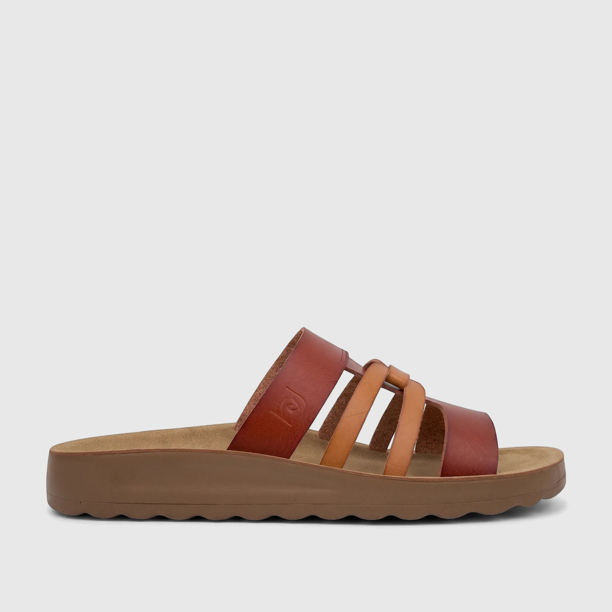 Side profile of a women's PC Casual Sandal, PCL11018, featuring tan and brown multi-strap leather on a platform sole.