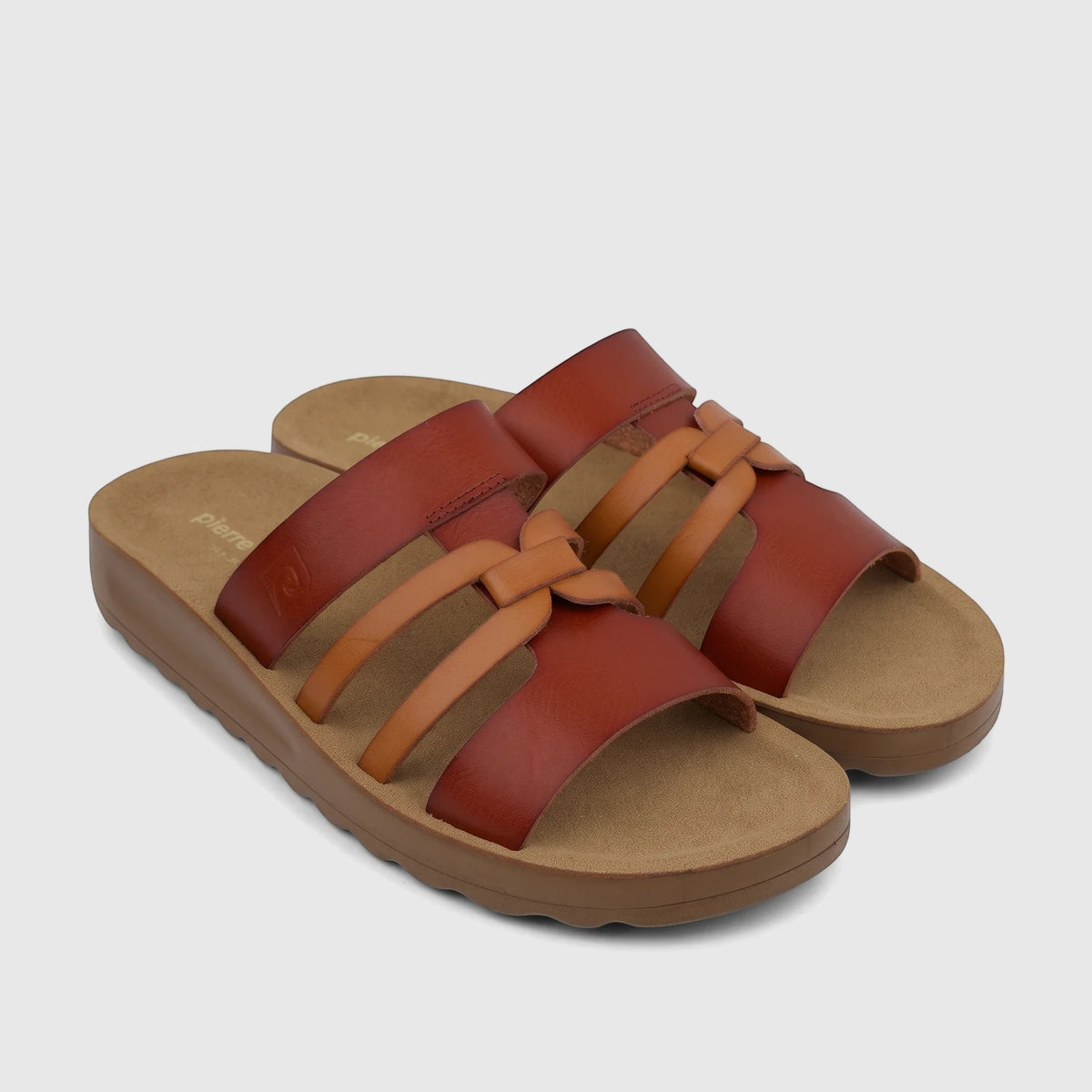 A pair of PC Ladies Casual Sandals PCL11018 in tan and brown leather, featuring interwoven straps.