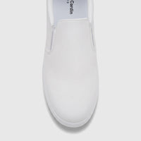 White PC Ladies casual slip-on sneaker, PCL11019, shown from a close-up front view, highlighting the clean design.