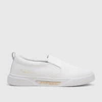 PC Ladies Casual Slip On Sneaker PCL11019 in white, featuring gold Pierre Cardin logos and a thick white sole, shown from a