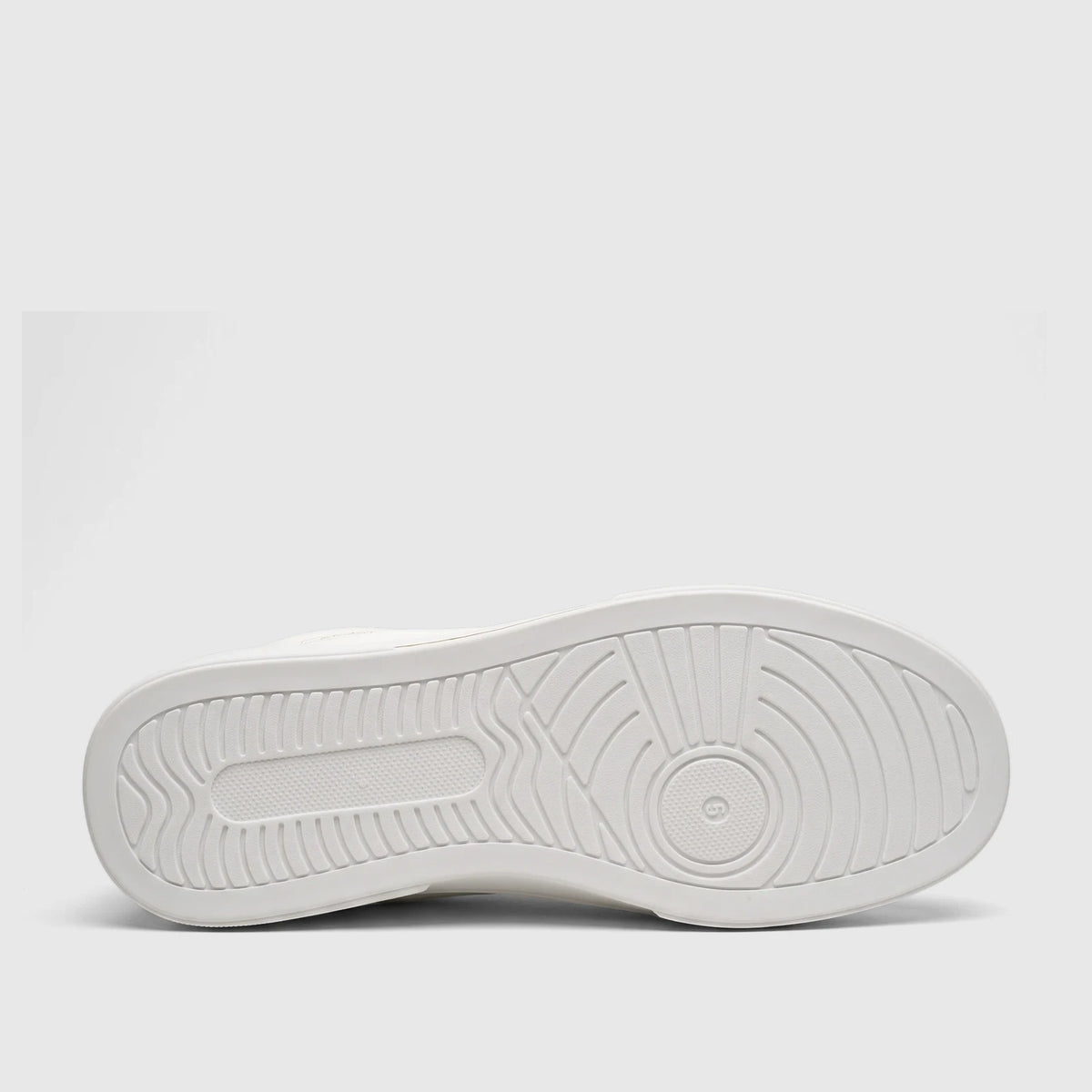 White PC Ladies Casual Slip On Sneaker, featuring a detailed view of its patterned sole with a number 6.