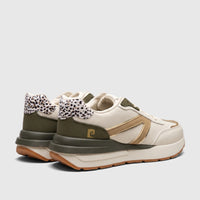 Rear-side view of PC Ladies Casual Sneaker PCL11002 in beige and olive green with leopard print heel detail.