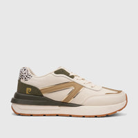 PC Ladies Casual Sneaker PCL11002 in beige and olive with gold accents, leopard print heel, and white platform sole, viewed